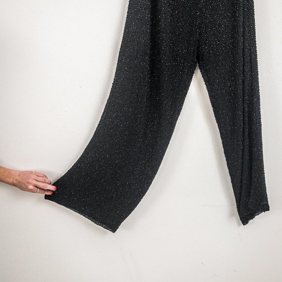 Vintage 80s Beaded Pants 14 Silk Formal Wide Leg Slacks Black - Picture 8 of 12